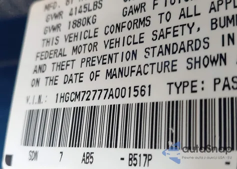 2007 Honda Accord 2.4 Ex z USA, uszkodzony, nr VIN 1HGCM72777A001561